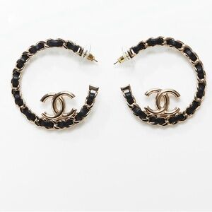 CHANEL Black and Gold Chain-Link Hoop Earrings